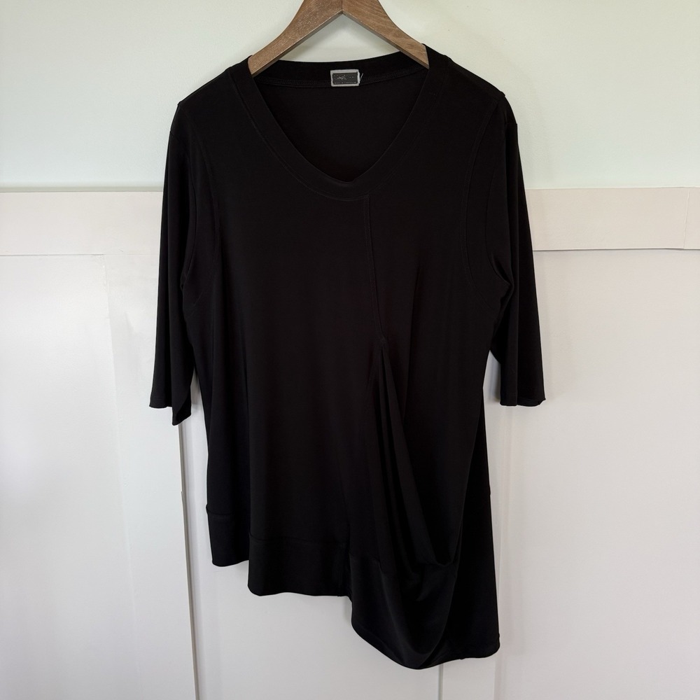 SYMPLI Drape Lux Liquid Knit V-Neck Pullover Tunic Top Black Large Stretch READ